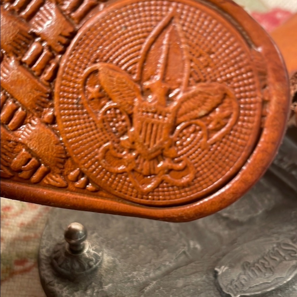 Vtg Longhorn Siskiyou L-89 USA Belt Buckle Etched Cognac Leather Belt - Picture 5 of 13